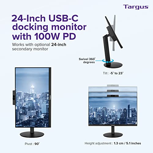 Targus 24-inch USB-C Docking Computer Monitor w/ 100W PD, Adjustable Height Mac PC Monitor 360 Degree Rotating 24 inch Monitor Gaming Monitor w/Dock, Dual Monitor Compatible w/DM4240SUSZ (DM4240PUSZ)