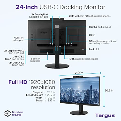 Targus 24-inch USB-C Docking Computer Monitor w/ 100W PD, Adjustable Height Mac PC Monitor 360 Degree Rotating 24 inch Monitor Gaming Monitor w/Dock, Dual Monitor Compatible w/DM4240SUSZ (DM4240PUSZ)