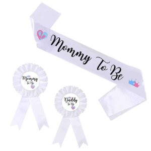 HAPPYLAND Gender Reveal Decorations Sash and Tinplate Badge Mommy to Be and Daddy to Be Baby Shower