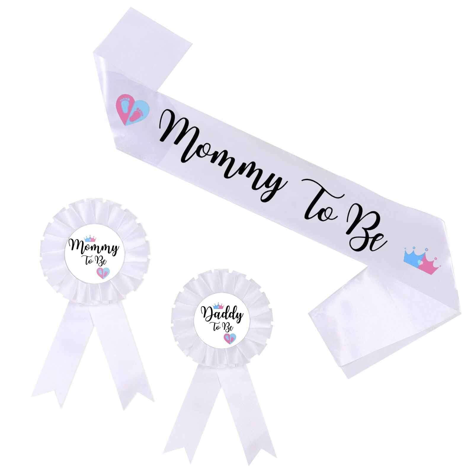 HAPPYLAND Gender Reveal Decorations Sash and Tinplate Badge Mommy to Be and Daddy to Be Baby Shower