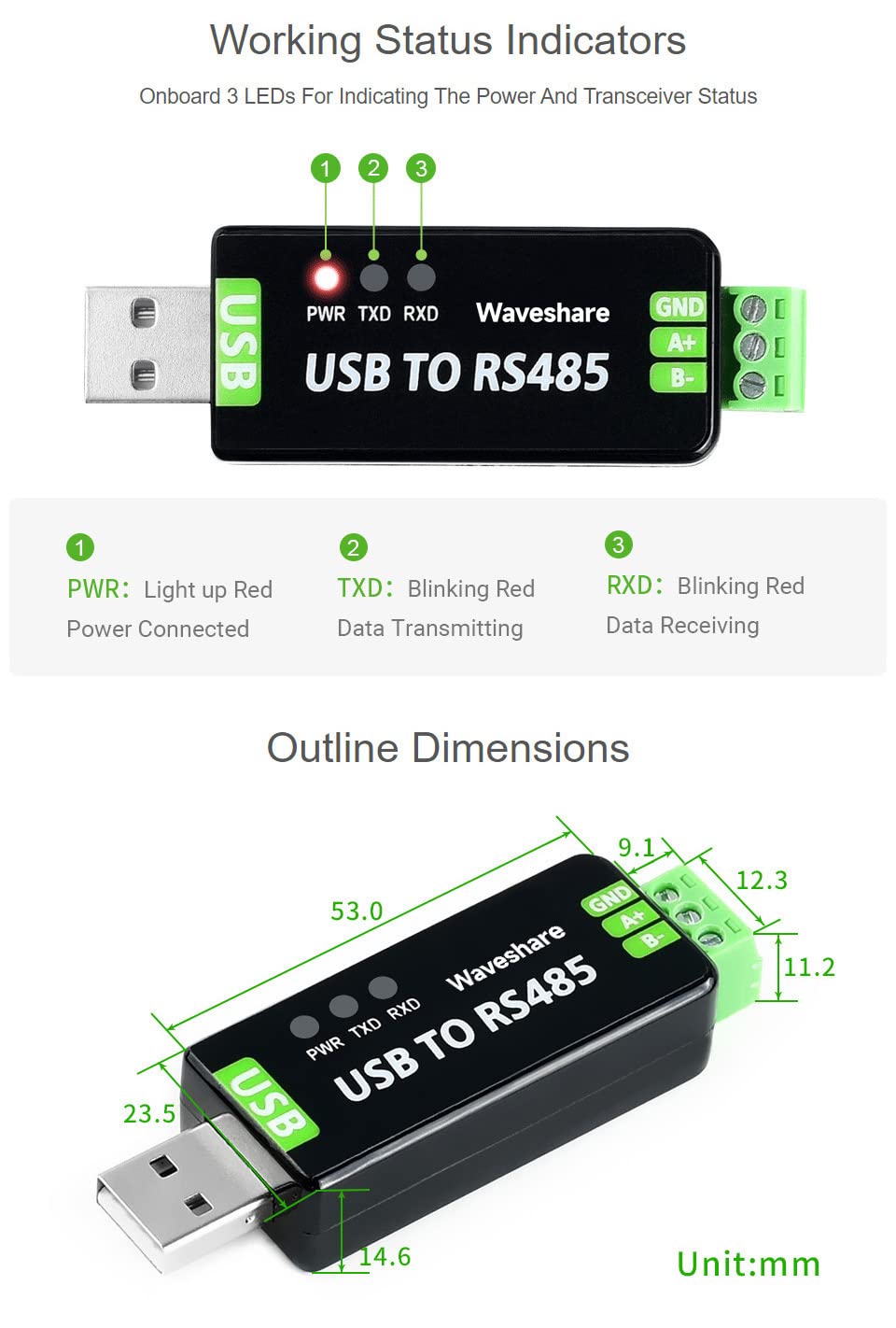 2PCS Waveshare Industrial USB to RS485 Converter with Original FT232RL and SP485EEN Embedded Protection Circuits for Industrial Control Equipments and/or Applications