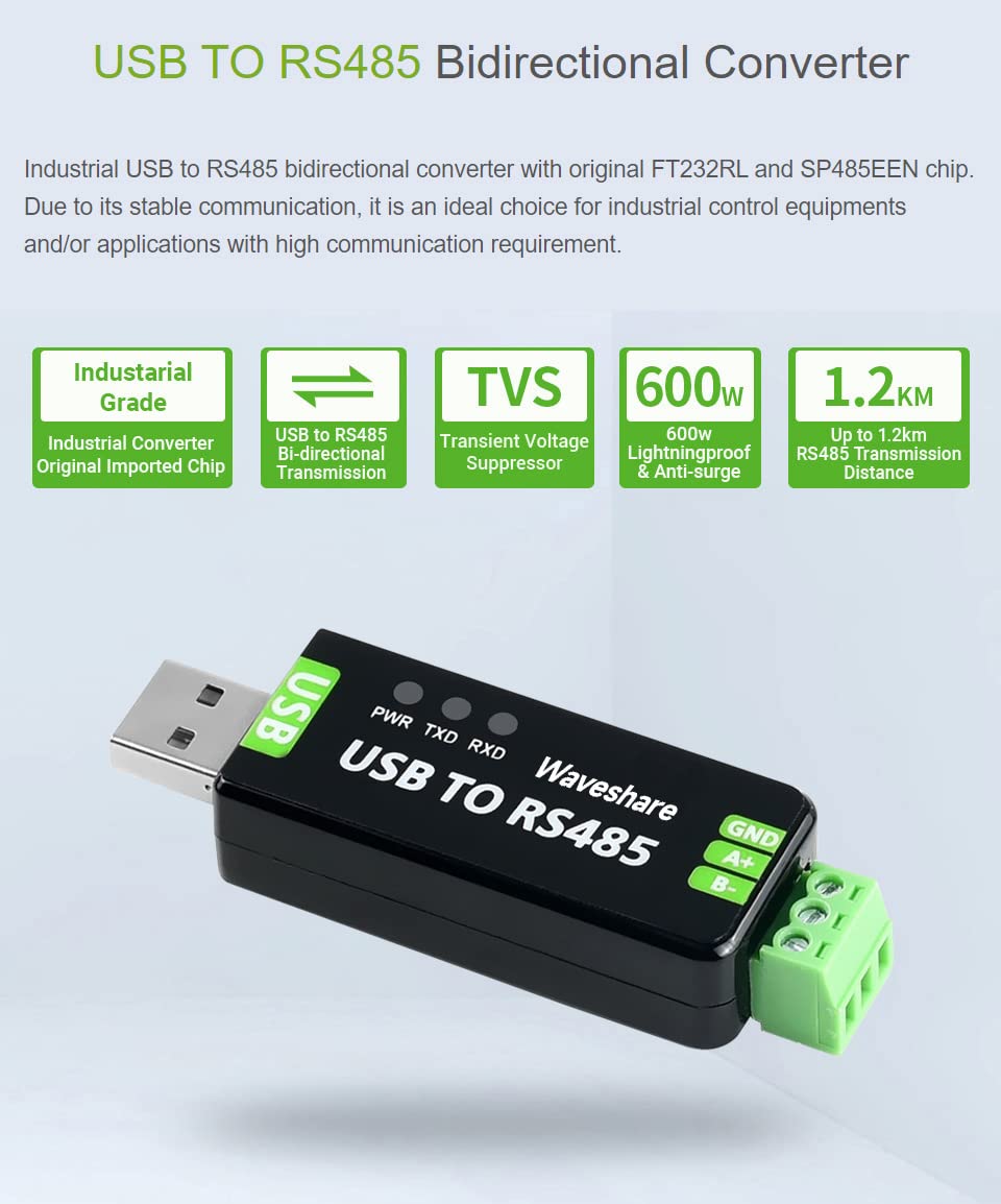 2PCS Waveshare Industrial USB to RS485 Converter with Original FT232RL and SP485EEN Embedded Protection Circuits for Industrial Control Equipments and/or Applications