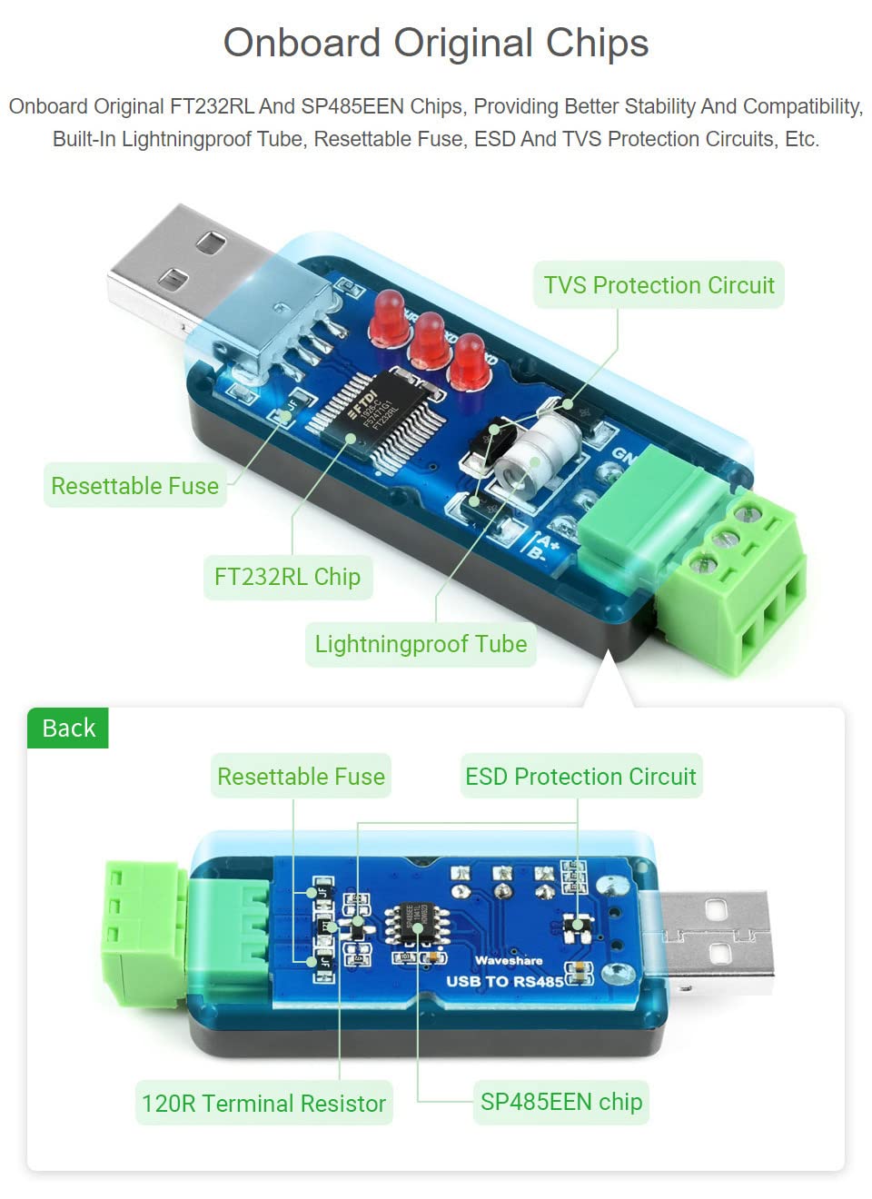 2PCS Waveshare Industrial USB to RS485 Converter with Original FT232RL and SP485EEN Embedded Protection Circuits for Industrial Control Equipments and/or Applications