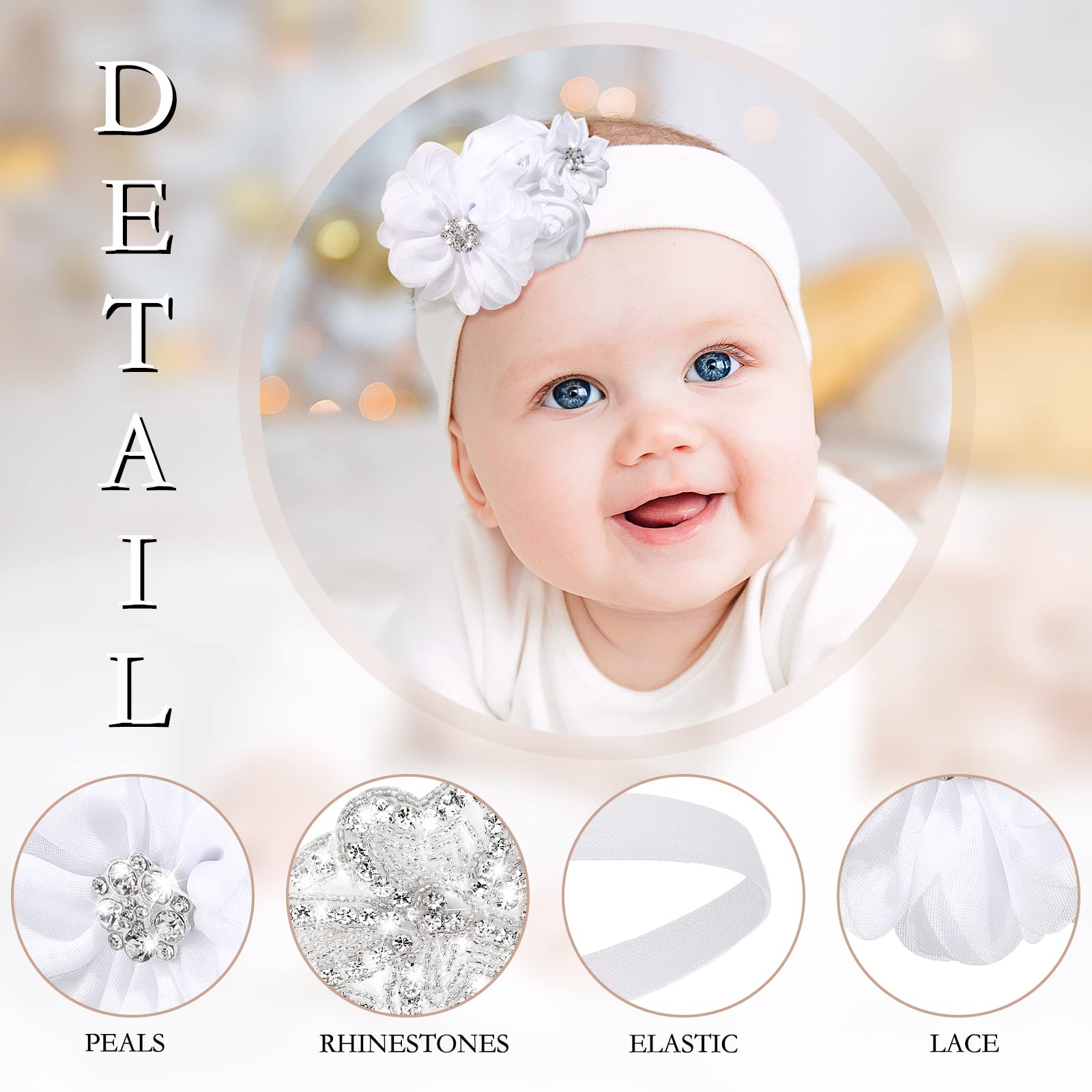 Juinte 6 Pcs White Baptism Headband for Baby Girl Toddler Elastic Chiffon Flower Crystal Lace Headbands Christening White Baby Baptism Headband Gifts Birthday Baby Shower Party(Elegant Style)