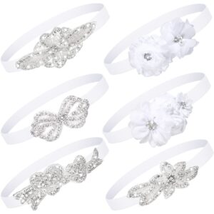 juinte 6 pcs white baptism headband for baby girl toddler elastic chiffon flower crystal lace headbands christening white baby baptism headband gifts birthday baby shower party(elegant style)