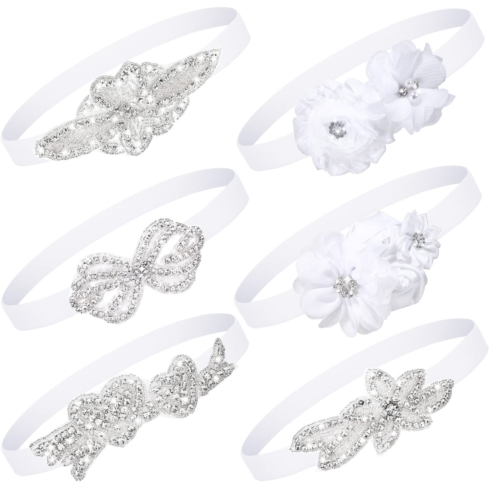 Juinte 6 Pcs White Baptism Headband for Baby Girl Toddler Elastic Chiffon Flower Crystal Lace Headbands Christening White Baby Baptism Headband Gifts Birthday Baby Shower Party(Elegant Style)