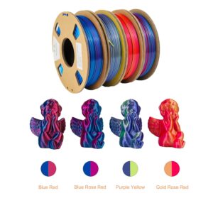 Mindahand Dual Color Pla Filament, 3D Printer Filament Bundle Silk PLA Filament 1.75mm Multicolor Pla Filament Cardboard Spool 4x250g