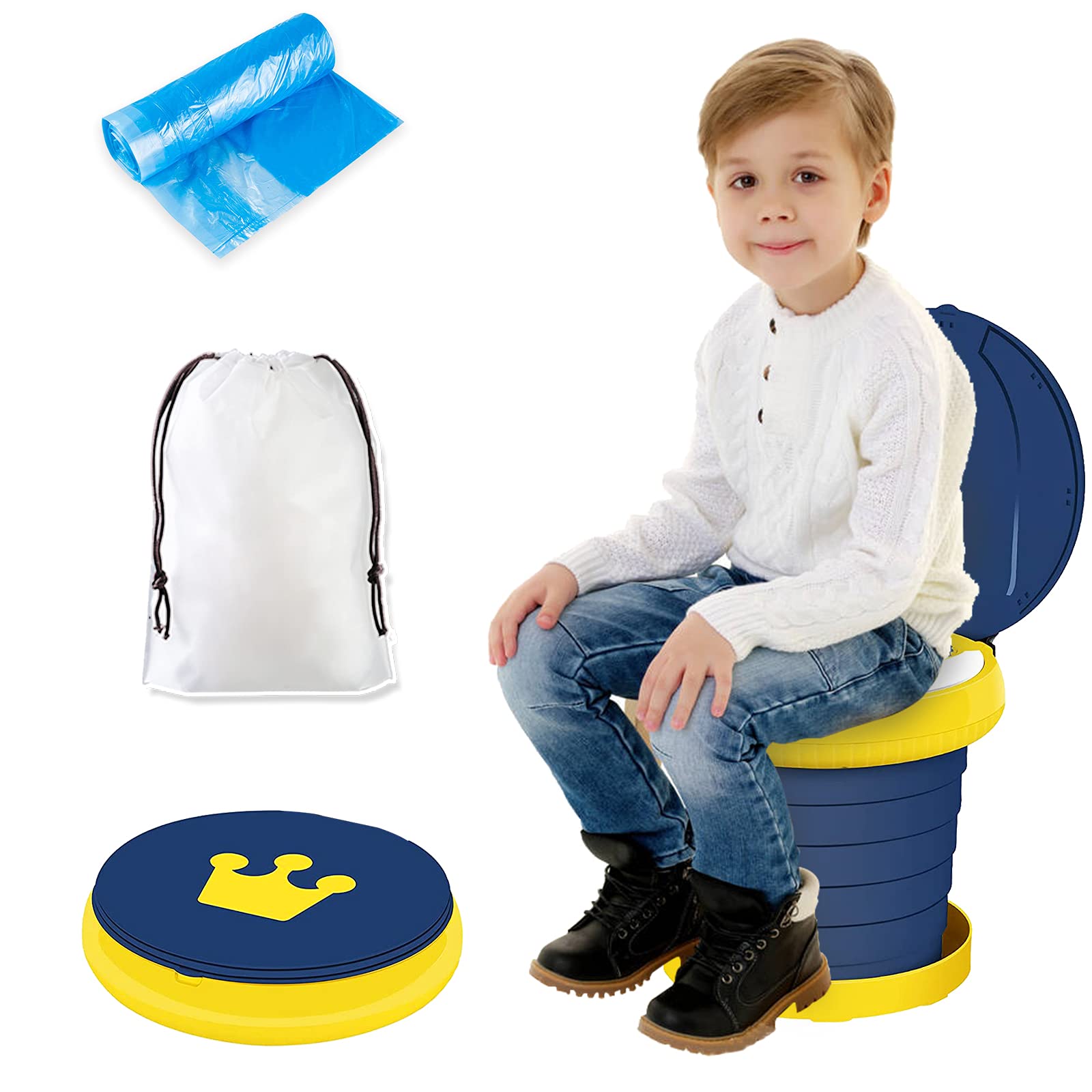 Portable Potty Seat, Toddler Folding Training Toilet Chair Kids Travel Foldable Potty Indoor Outdoor with Storage Travel Bag Blue