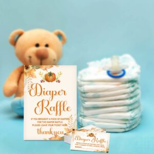 Diaper Raffle Baby Shower Game Set (1 Standing Sign + 50 Guessing Cards), Happy Fall Thanksgiving Day Diaper Raffle Tickets for Baby Shower, Autumn Little Pumpkin Baby Shower Party Favor Decor (C02)