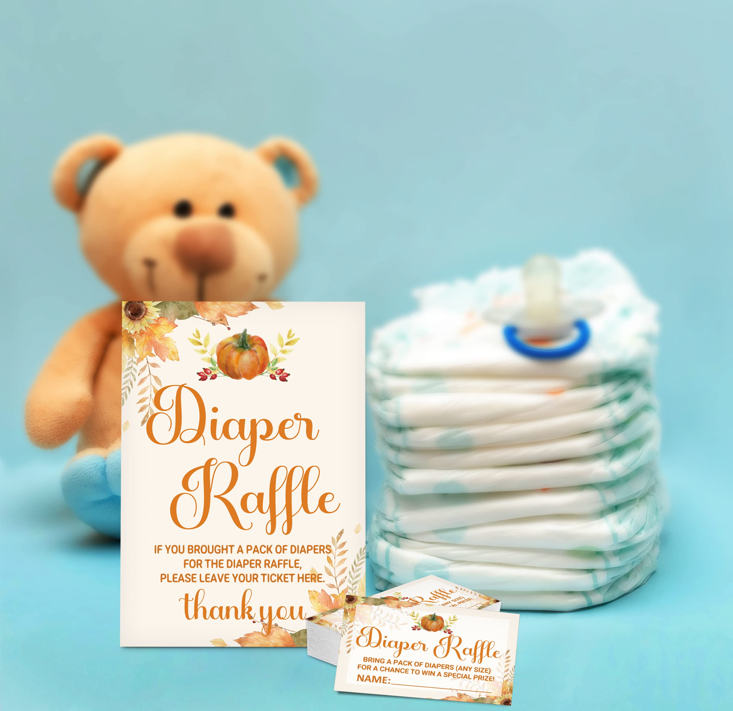 Diaper Raffle Baby Shower Game Set (1 Standing Sign + 50 Guessing Cards), Happy Fall Thanksgiving Day Diaper Raffle Tickets for Baby Shower, Autumn Little Pumpkin Baby Shower Party Favor Decor (C02)