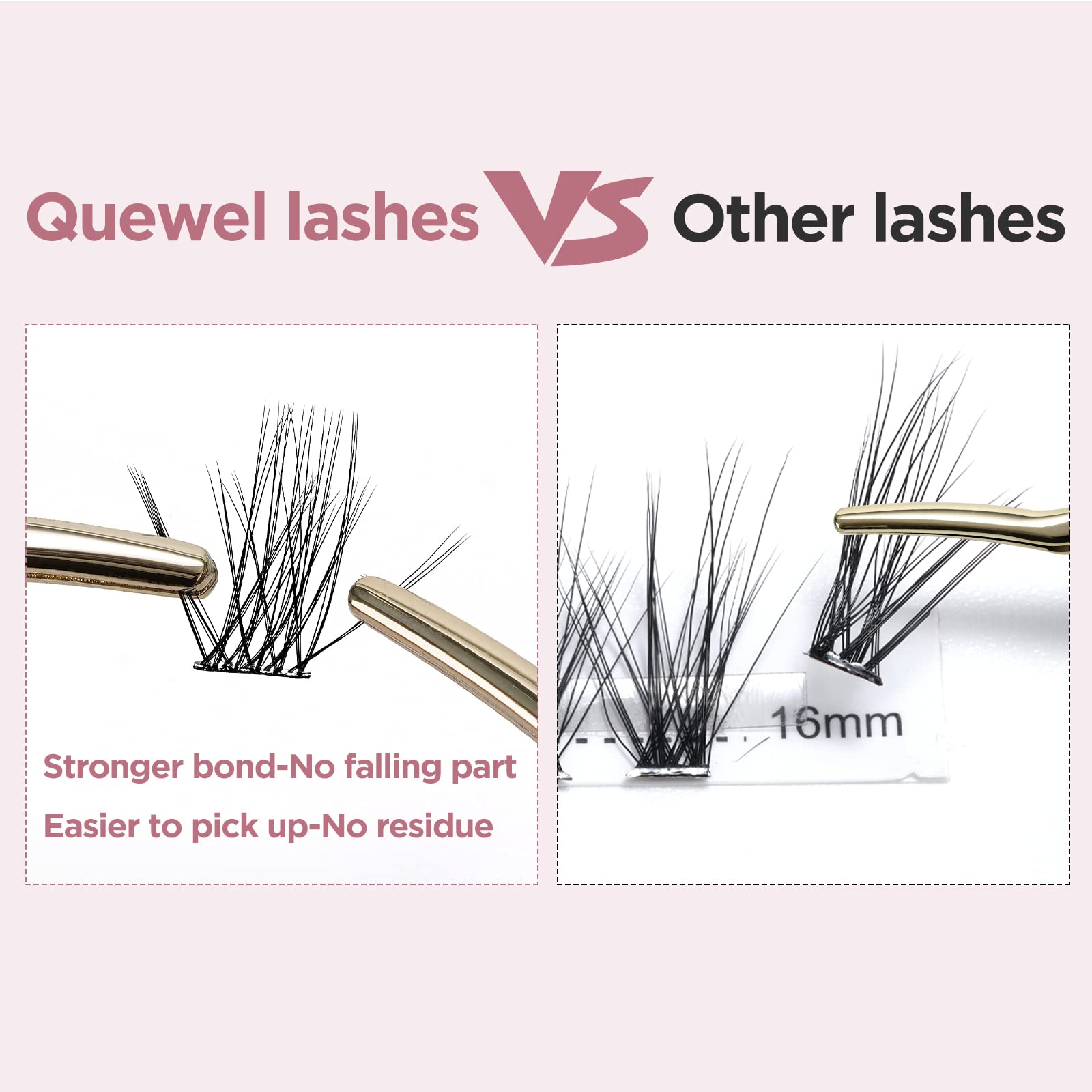 QUEWEL Lash Clusters 72 Pcs Wide Stem Cluster Lashes Mix8-16mm DIY Eyelash Extension Individual False Eyelashes Soft & Do Not Break for Personal Makeup Use at Home(QUH-S012-Mix8-16mm)