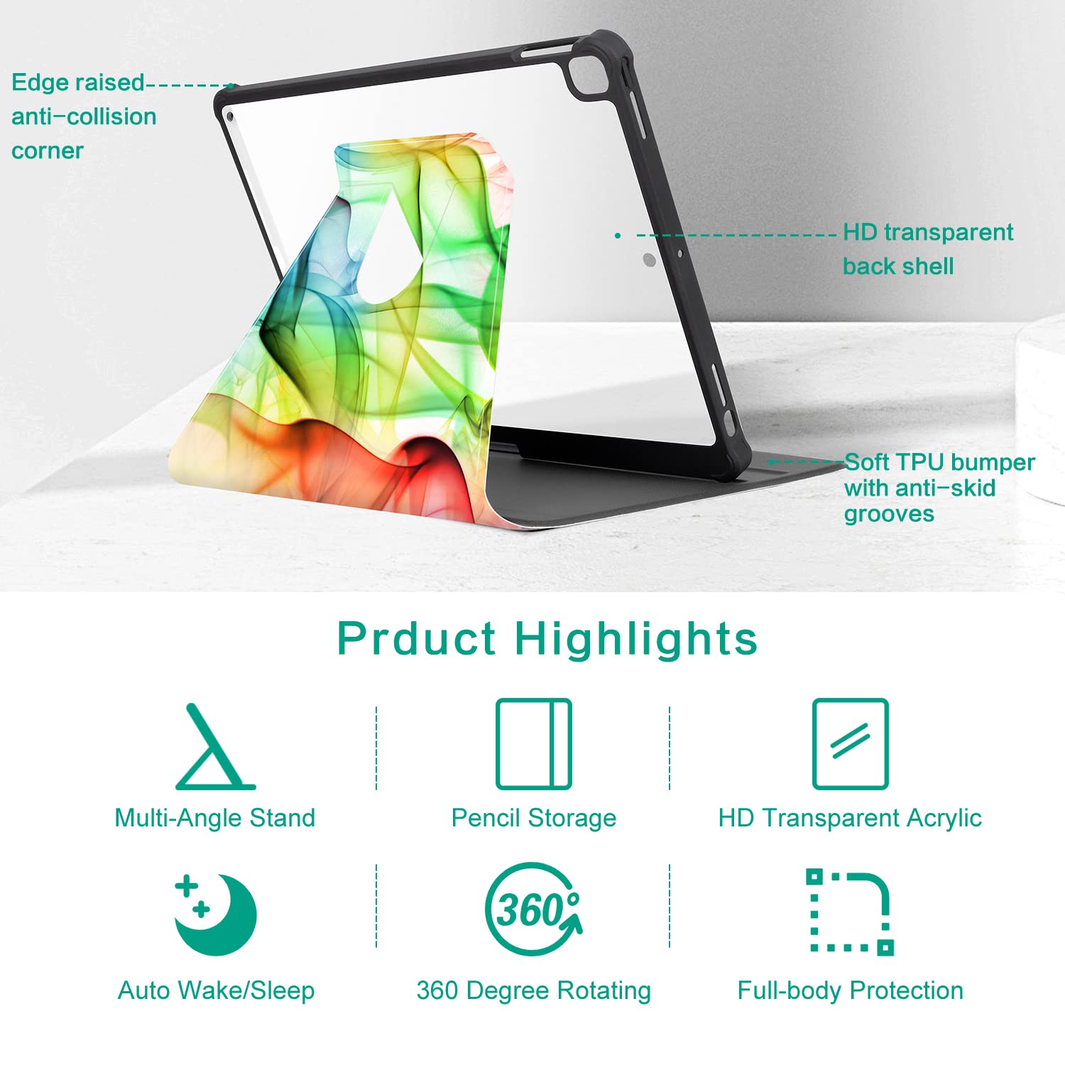 Rotating Case for iPad 9th/8th/7th Generation, Case for iPad Air 3rd, Case for iPad Pro 10.5 inch, 360 Degree Rotating Multi-Angle View Stand Cover Pencil Holder Auto Wake/Sleep, Colorful Smoke