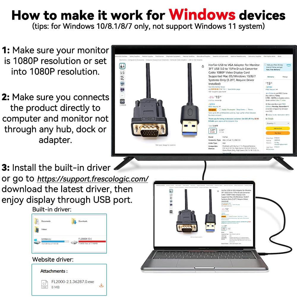 Herfair USB to VGA Adapter for Monitor 3FT USB 3.0 to 15Pin D-sub Converter Cable 1080P Video Display Cord Supported Mac OS/Windows 10/8/7 Systems Only (3.2FT, Require Driver Installed)