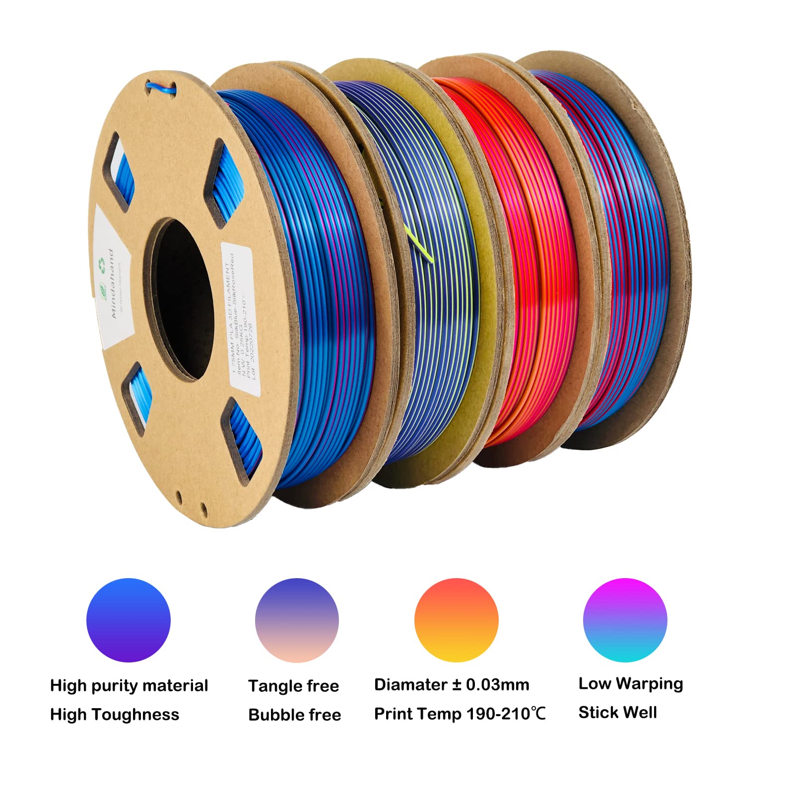 Mindahand Dual Color Pla Filament, 3D Printer Filament Bundle Silk PLA Filament 1.75mm Multicolor Pla Filament Cardboard Spool 4x250g