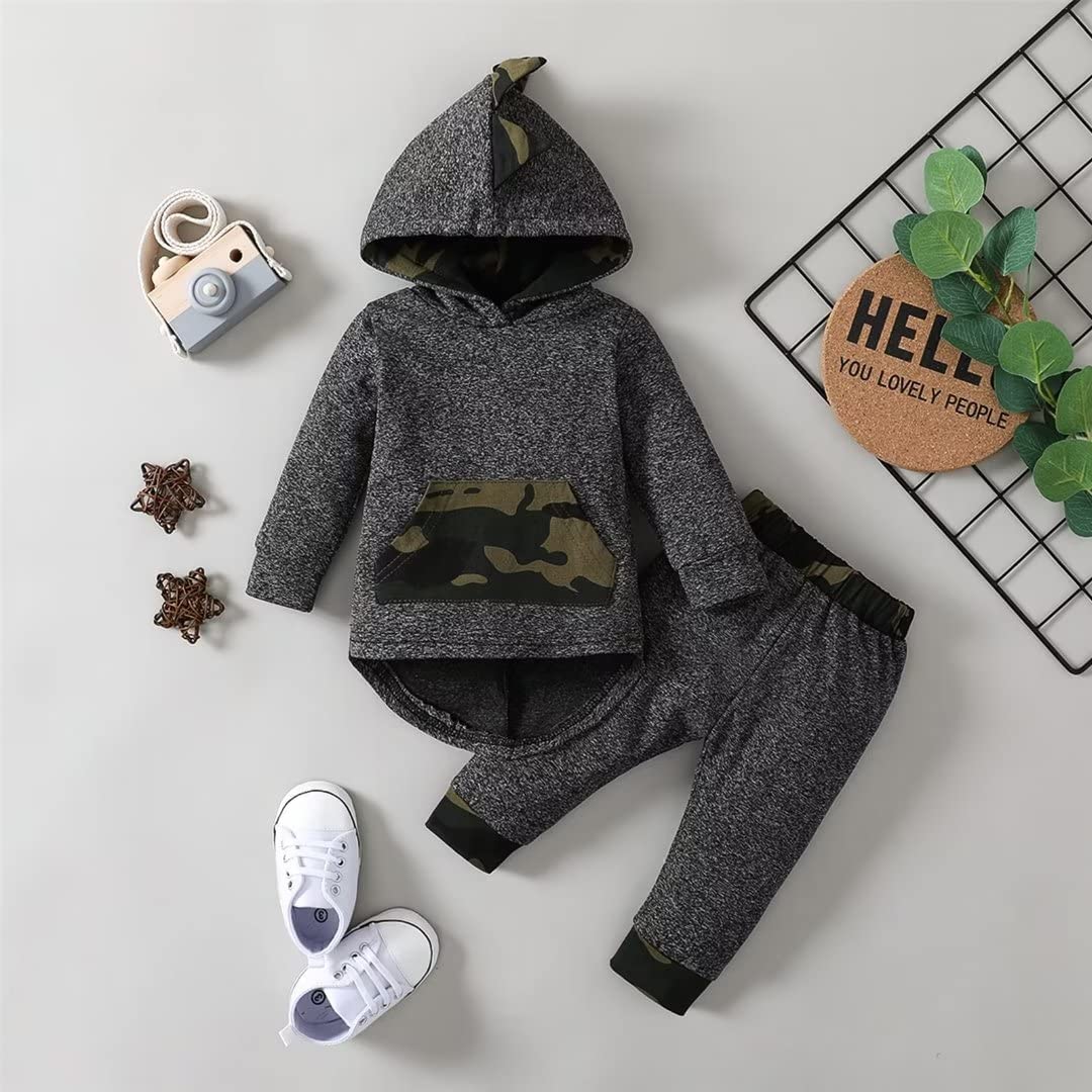 12-18 Month Boy Clothes Toddler Infant Long Sleeve Plaid Pocket Hoodie Tops + Pants Fall Winter Outfit Set 2Pcs,Camo hoodie clothes 12-18 months/100cm