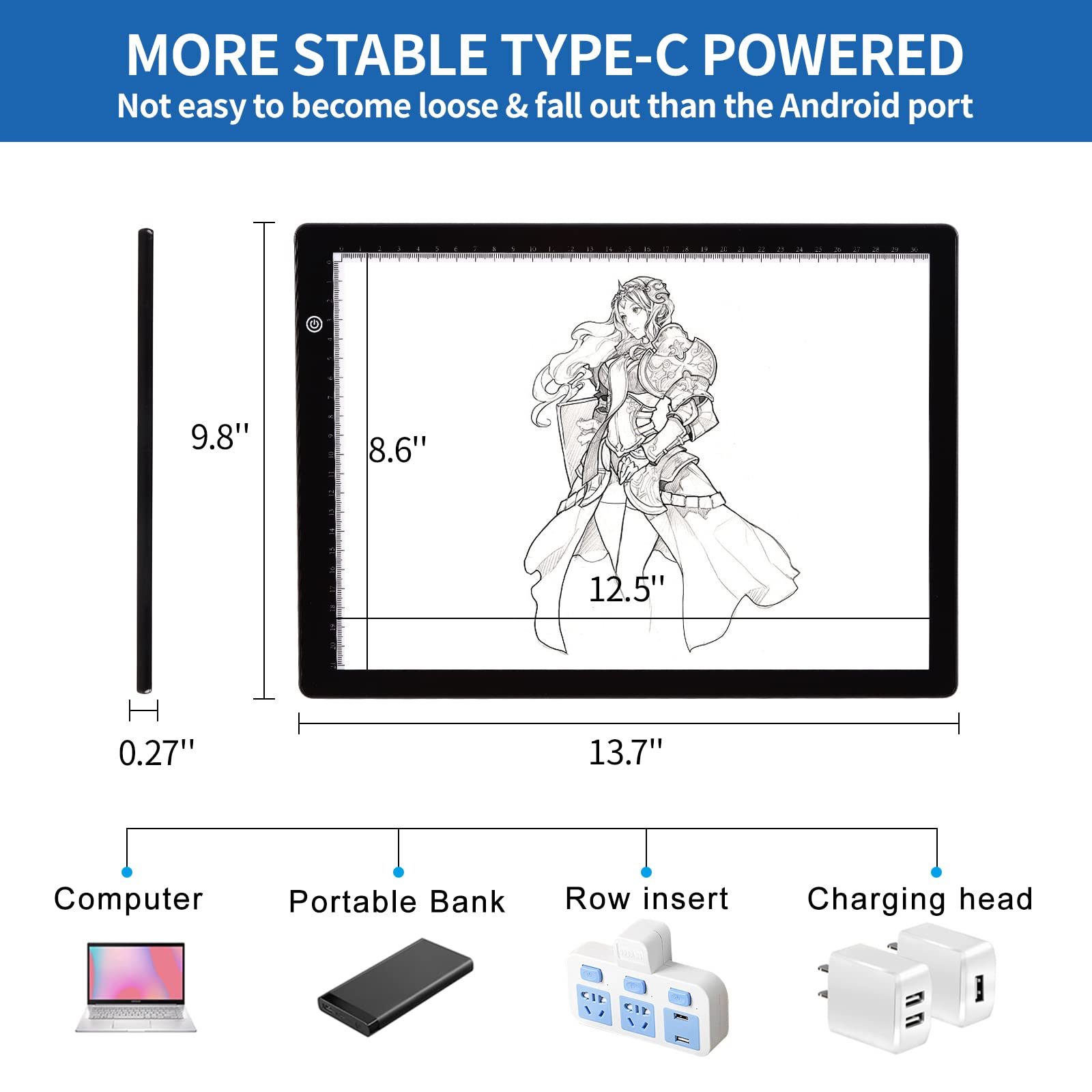 TOHETO A4 Ultra-thin Portable LED Light Box Tracer with 4 Magnets, Type C USB Power Cable Stepless Dimmable Brightness Tracing Light Pad for Weeding Vinyl Tattoo Drawing X-ray Viewing Diamond Painting