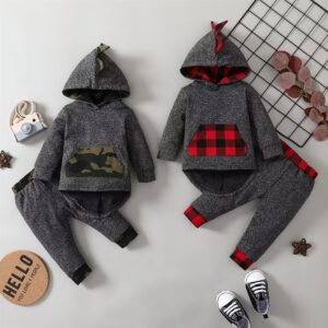 12-18 Month Boy Clothes Toddler Infant Long Sleeve Plaid Pocket Hoodie Tops + Pants Fall Winter Outfit Set 2Pcs,Camo hoodie clothes 12-18 months/100cm