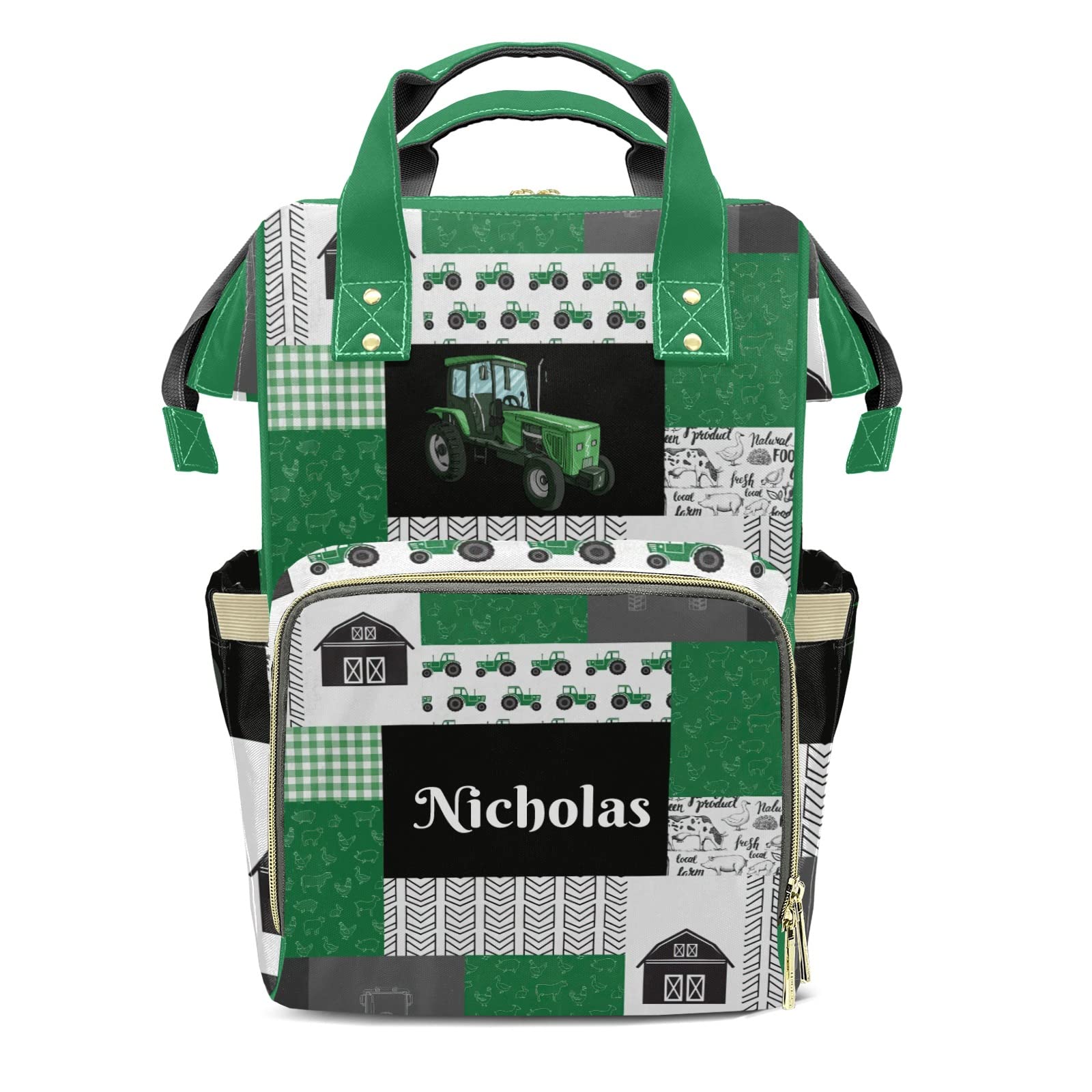 XIUCOO Personalized Patchwork Green Farming Vehicle Tractors Diaper Bag Backpack with Name Custom Nappy Mommy Bags for Baby Girl Boy Gifts