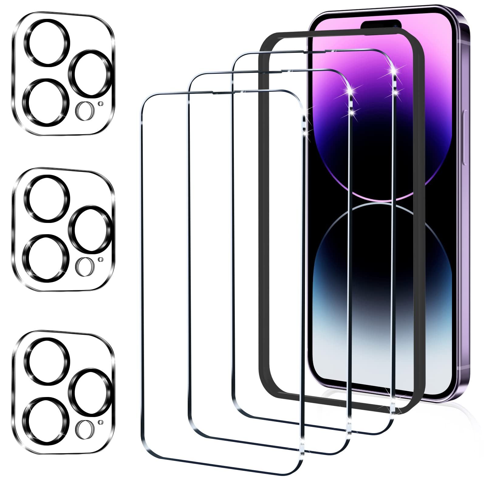 YMHML [3+3] 3 Pack iPhone 14 Pro Screen Protector with 3 Pack Camera Lens Protector, Upgrade Tempered Glass Full Screen Protector for iPhone 14 Pro (6.1 Inch), HD Bubble Free Easy Installation