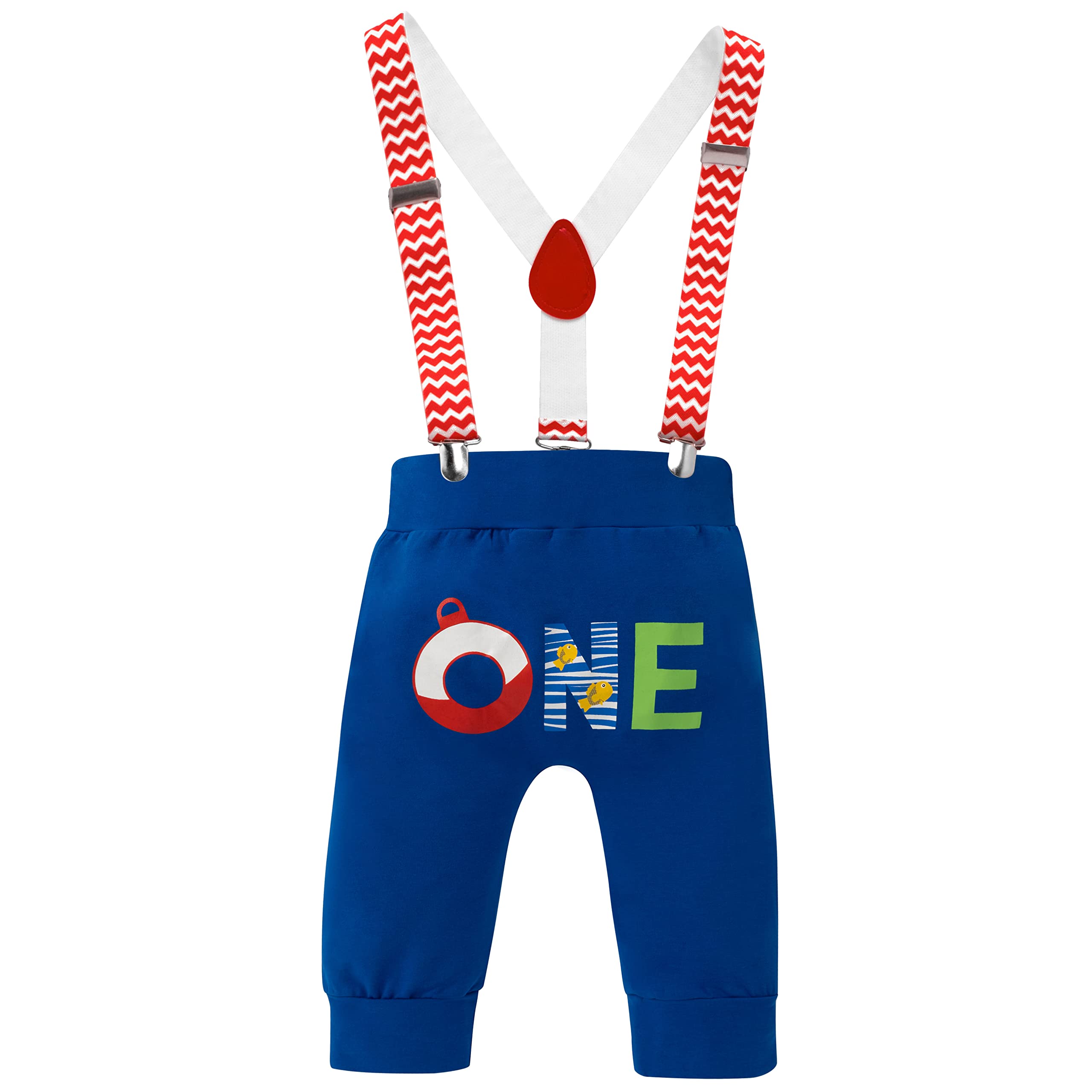 Kewlent Baby Boys Fishing 1st Birthday Outfit Cake Smash Bowtie Romper + Shorts + Suspenders + Hat Clothes Set for Photo Shoot(Blue02,12-18 Months)