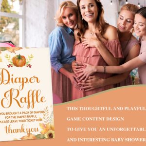 Diaper Raffle Baby Shower Game Set (1 Standing Sign + 50 Guessing Cards), Happy Fall Thanksgiving Day Diaper Raffle Tickets for Baby Shower, Autumn Little Pumpkin Baby Shower Party Favor Decor (C02)