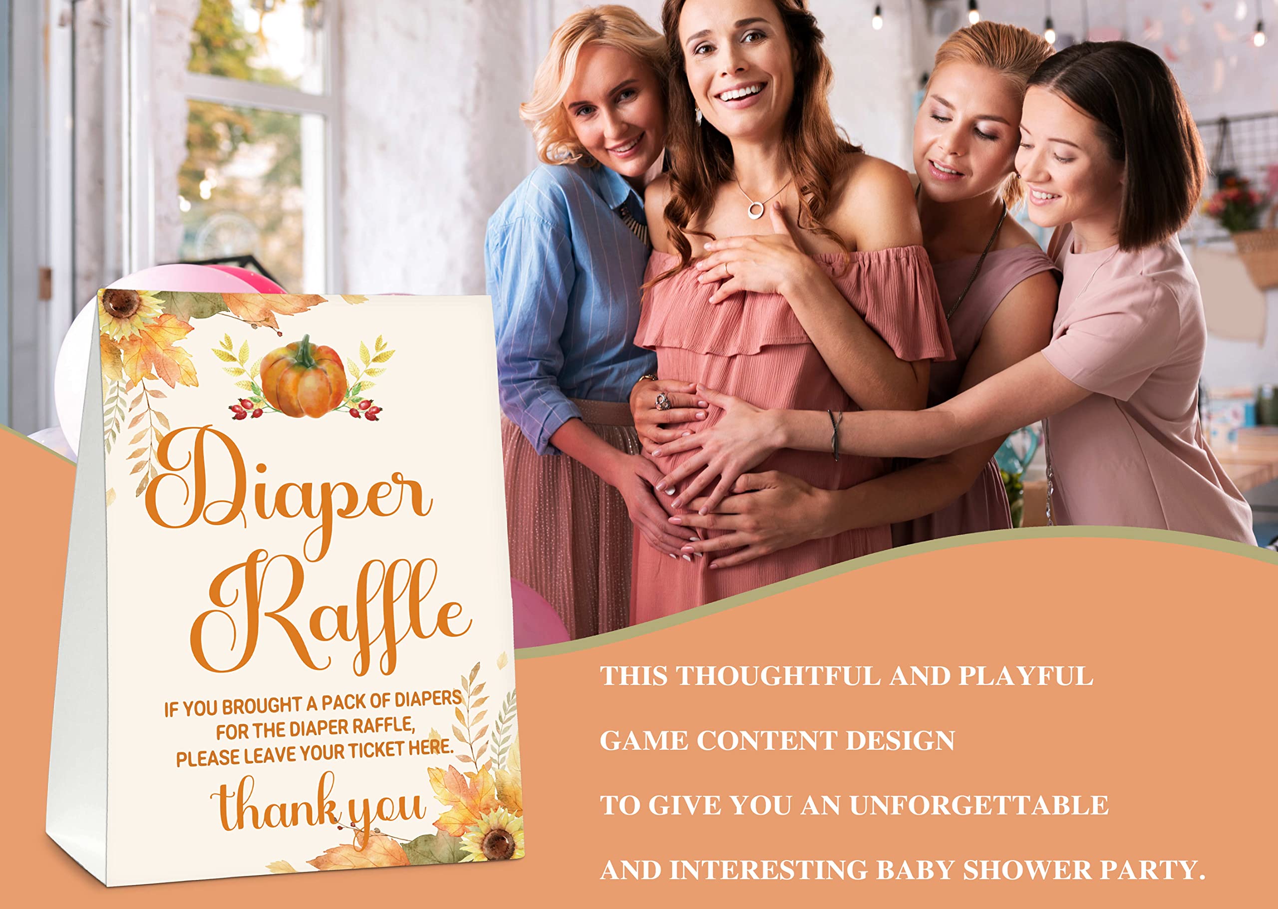 Diaper Raffle Baby Shower Game Set (1 Standing Sign + 50 Guessing Cards), Happy Fall Thanksgiving Day Diaper Raffle Tickets for Baby Shower, Autumn Little Pumpkin Baby Shower Party Favor Decor (C02)