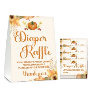 diaper raffle baby shower game set (1 standing sign + 50 guessing cards), happy fall thanksgiving day diaper raffle tickets for baby shower, autumn little pumpkin baby shower party favor decor (c02)