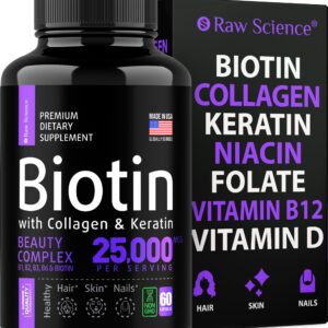 Biotin and Collagen Supplements with Keratin – Hair Skin and Nails Vitamins: Biotin 5000mcg, Keratin, Collagen for Women & Men – Skin & Hair Vitamins, Nail and Hair Growth Supplement – 60 Capsules