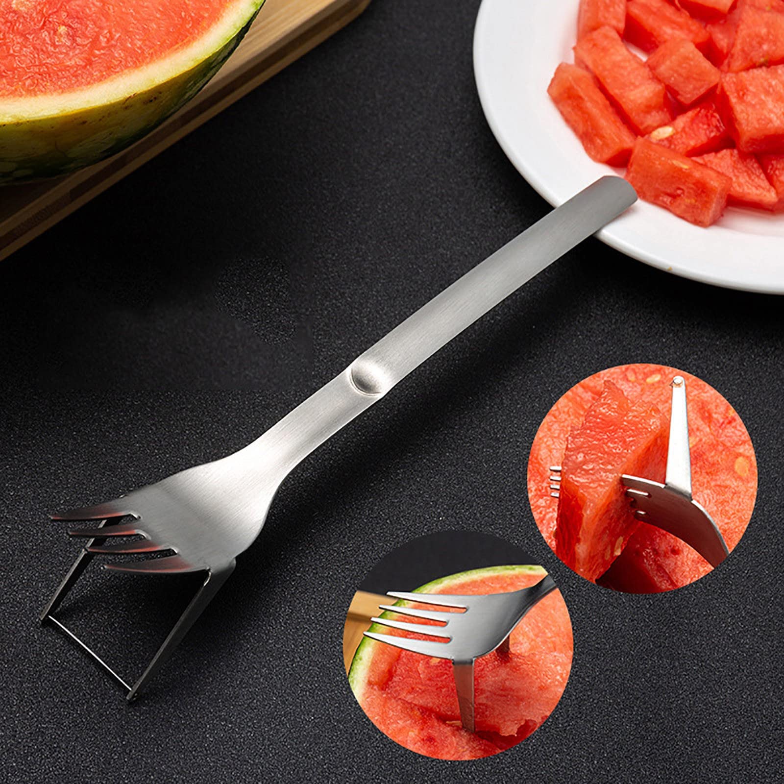 HUIKDY Watermelon Fork Slicer, 2-in-1 Watermelon Slicer Fork Stainless Steel Cutter, Summer Watermelon Cutting Fork, Multi-Purpose Fruit Forks (3pc)