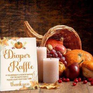 Diaper Raffle Baby Shower Game Set (1 Standing Sign + 50 Guessing Cards), Happy Fall Thanksgiving Day Diaper Raffle Tickets for Baby Shower, Autumn Little Pumpkin Baby Shower Party Favor Decor (C02)