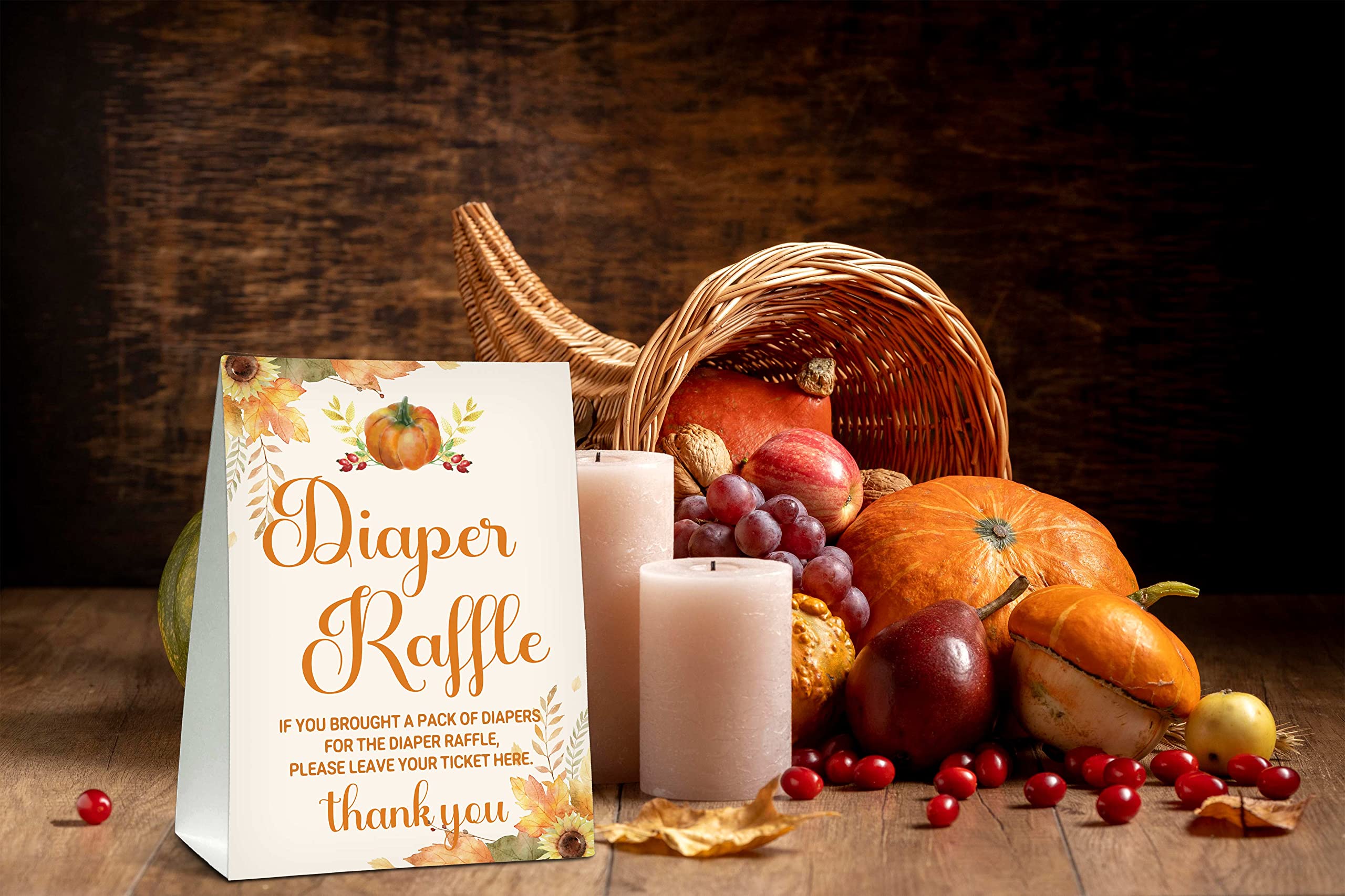 Diaper Raffle Baby Shower Game Set (1 Standing Sign + 50 Guessing Cards), Happy Fall Thanksgiving Day Diaper Raffle Tickets for Baby Shower, Autumn Little Pumpkin Baby Shower Party Favor Decor (C02)