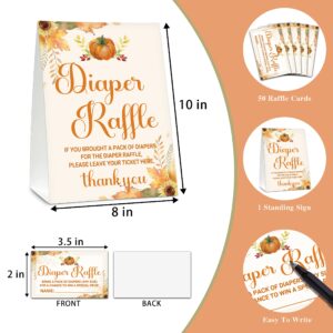 Diaper Raffle Baby Shower Game Set (1 Standing Sign + 50 Guessing Cards), Happy Fall Thanksgiving Day Diaper Raffle Tickets for Baby Shower, Autumn Little Pumpkin Baby Shower Party Favor Decor (C02)