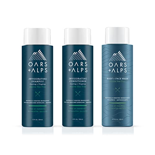 Oars + Alps Men's Sulfate Free Hair Shampoo, Conditioner, and Body Wash Kit, Moisturizing Skin Care Infused with Witch Hazel and Tea Tree Oil, Alpine Tea Tree Scent