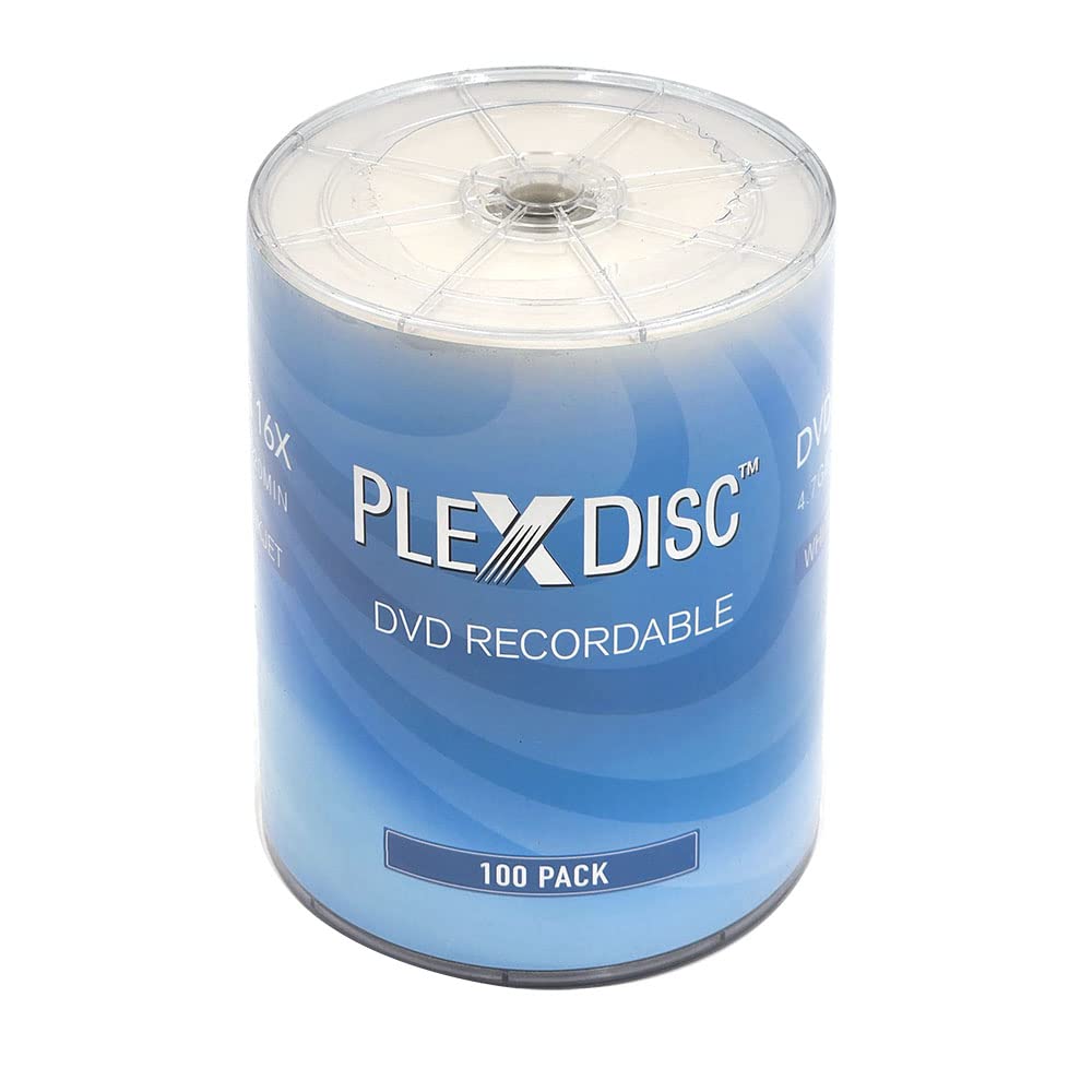 PlexDisc DVD-R 4.7GB 16x White Inkjet Hub Printable Blank DVD Discs - 100 Pack Shrink Wrap (No Container) Blank DVDs for Burning Video, DVD-R Blank Discs, Writable DVD Media