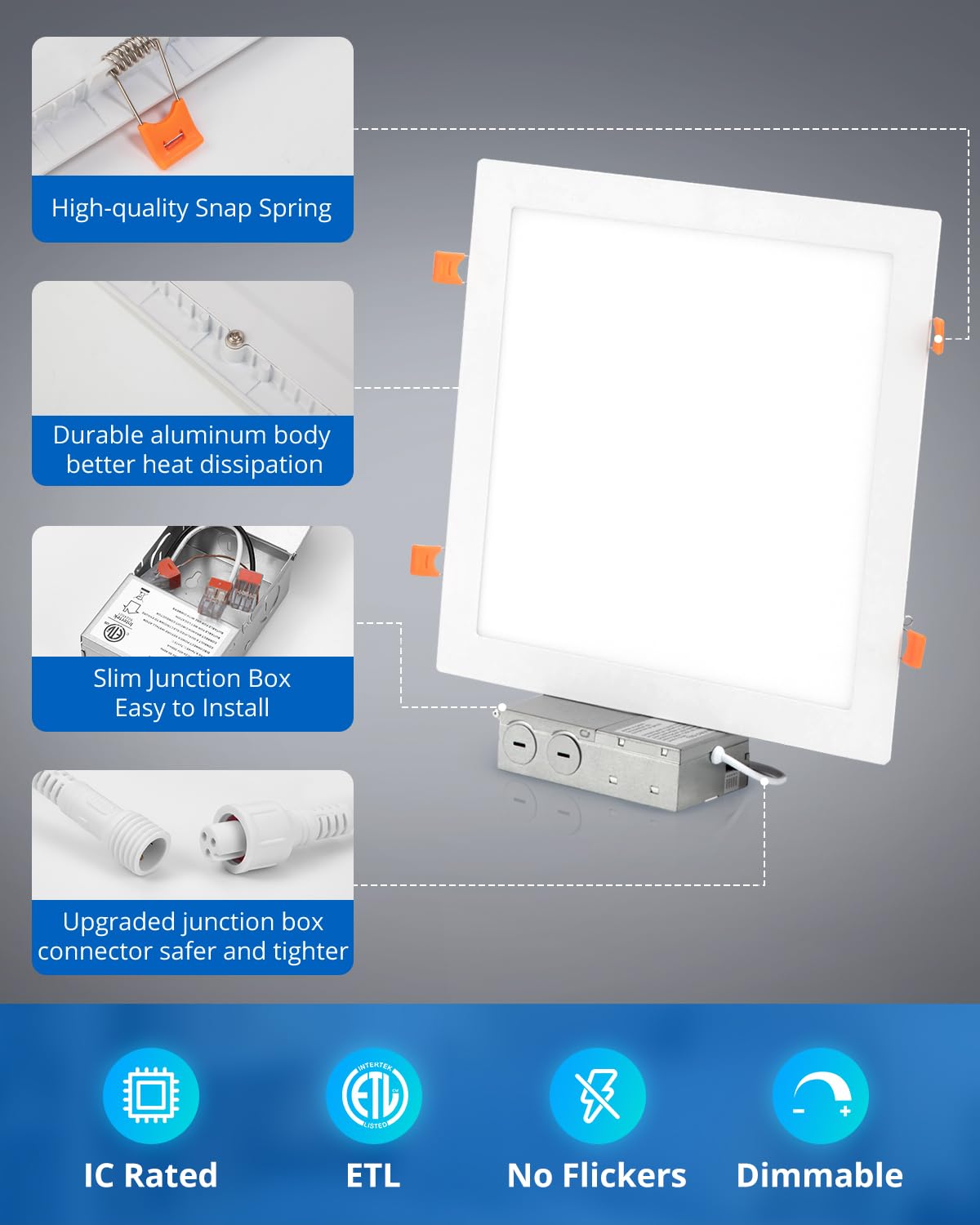 Vtuik 4 Pack 11 inch 24W Dimmable Square LED Recessed Lighting with Junction Box, 1920lm/CRI85 Ultra Thin LED Can Light 5CCT 2700K-5000K Adjustable with a Simple Switch IC Rated,ETL Certified