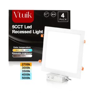 Vtuik 4 Pack 11 inch 24W Dimmable Square LED Recessed Lighting with Junction Box, 1920lm/CRI85 Ultra Thin LED Can Light 5CCT 2700K-5000K Adjustable with a Simple Switch IC Rated,ETL Certified