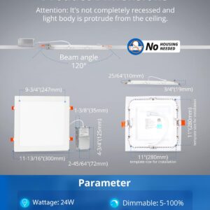 Vtuik 4 Pack 11 inch 24W Dimmable Square LED Recessed Lighting with Junction Box, 1920lm/CRI85 Ultra Thin LED Can Light 5CCT 2700K-5000K Adjustable with a Simple Switch IC Rated,ETL Certified