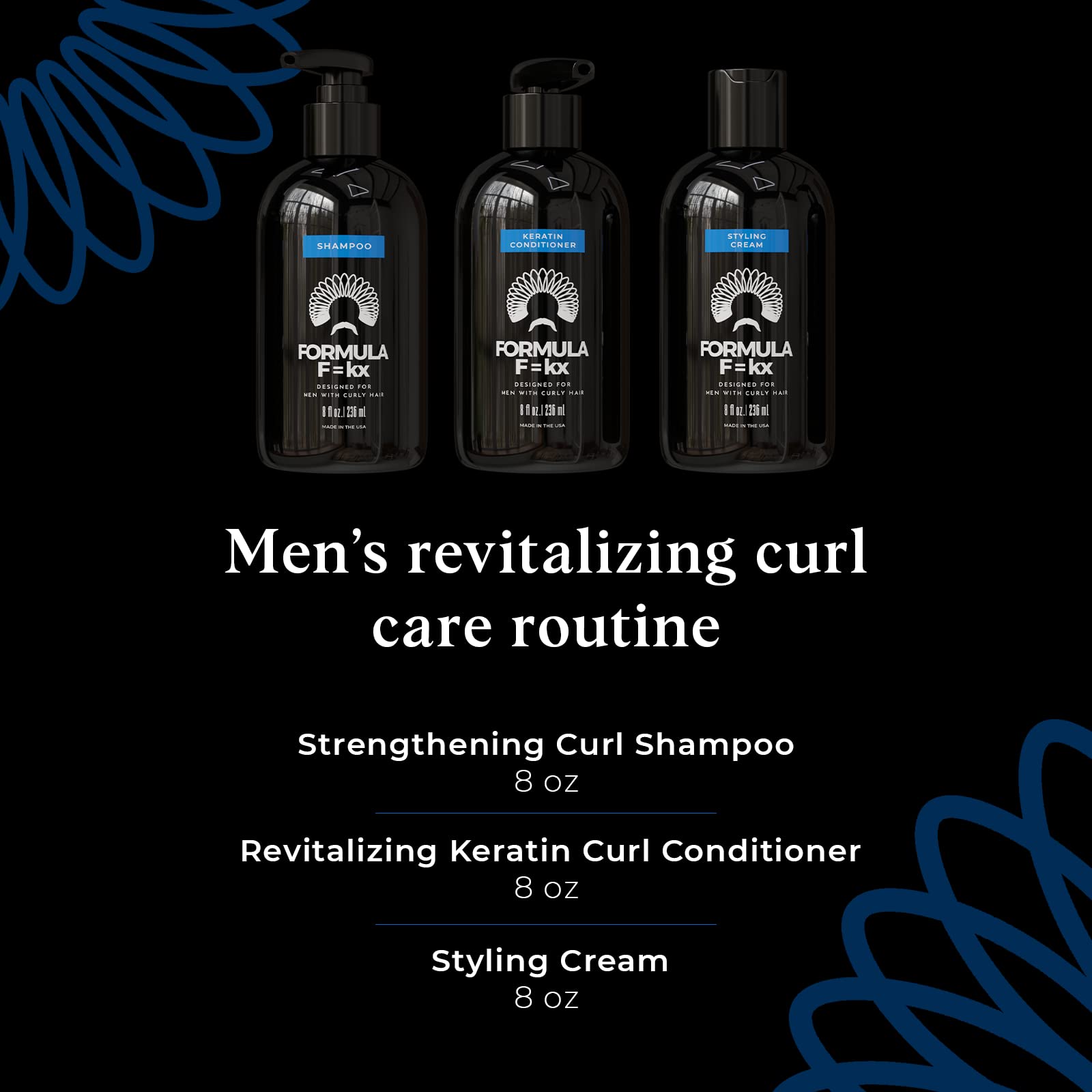 Formula F=kx - Curly & Kinky Hair Care System for Men - Hydrating Shampoo, Conditioner, and Curl Cream Set - Sulfate Free - Ocean Scent - 8oz Each