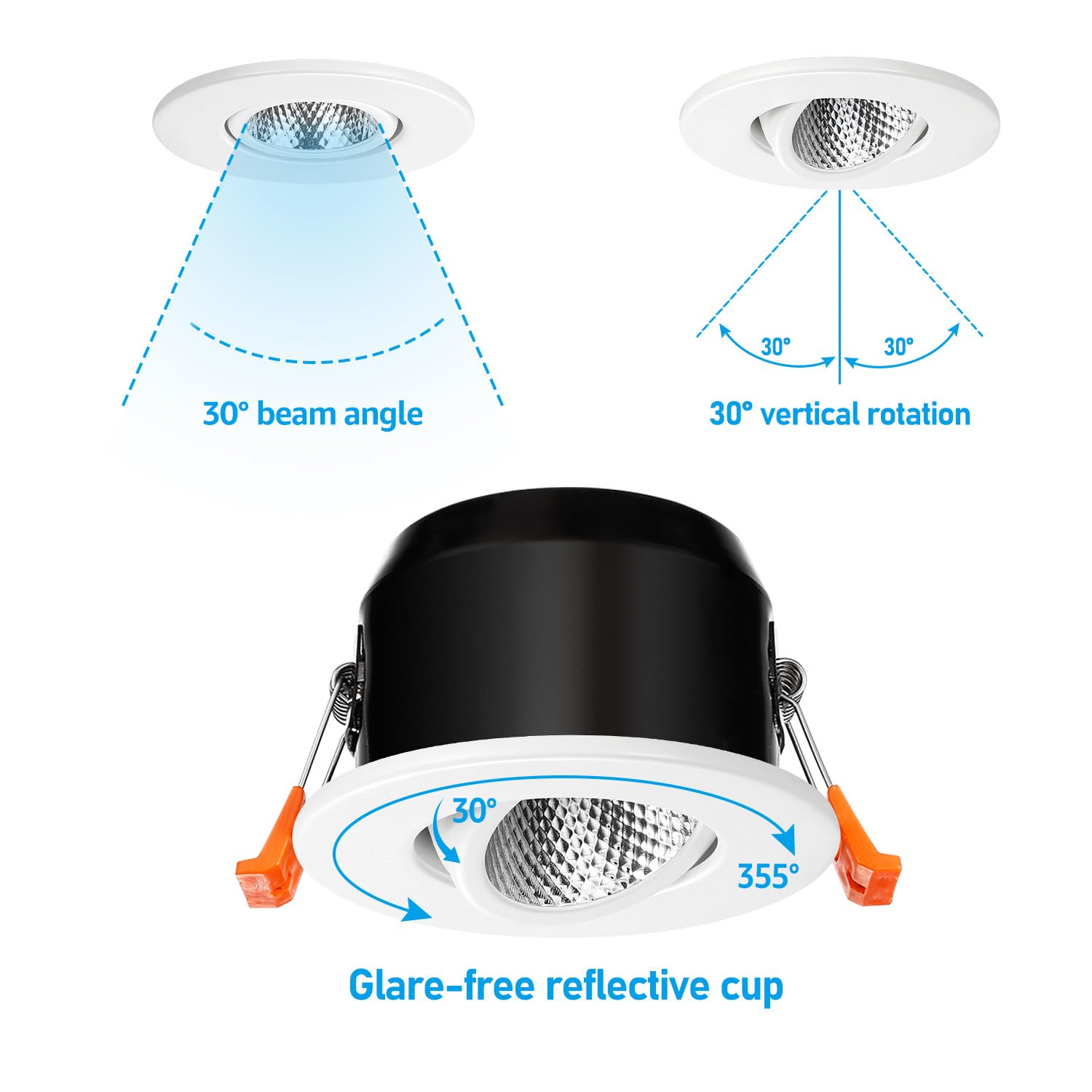 TORCHSTAR 12-Pack 5CCT 3 Inch Gimbal LED Recessed Light, 7W CRI90+ Dimmable Adjustable Eyeball Canless LED Downlight, 2700K/3000K/3500K/4000K/5000K Selectable, Airtight IC, ETL