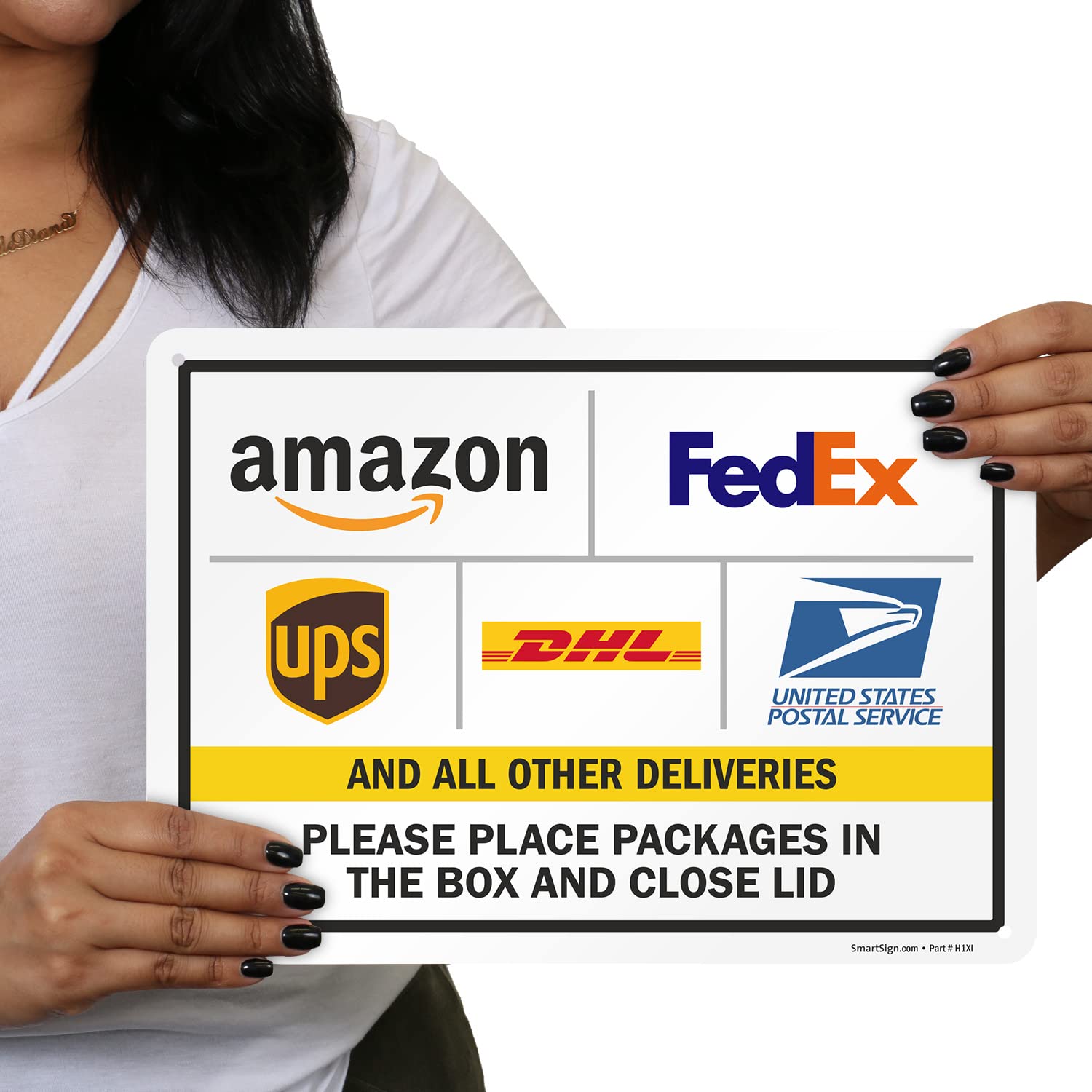 SmartSign 10 x 14 inch “Please Leave Packages in The Box and Close Lid” Metal Sign with Delivery Logos, 40 mil Laminated Rustproof Aluminum, Multicolor, Made in USA