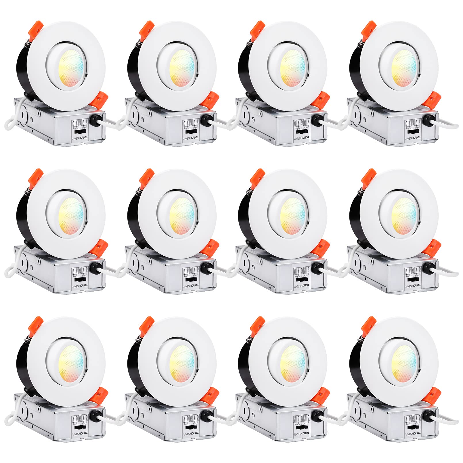 TORCHSTAR 12-Pack 5CCT 3 Inch Gimbal LED Recessed Light, 7W CRI90+ Dimmable Adjustable Eyeball Canless LED Downlight, 2700K/3000K/3500K/4000K/5000K Selectable, Airtight IC, ETL