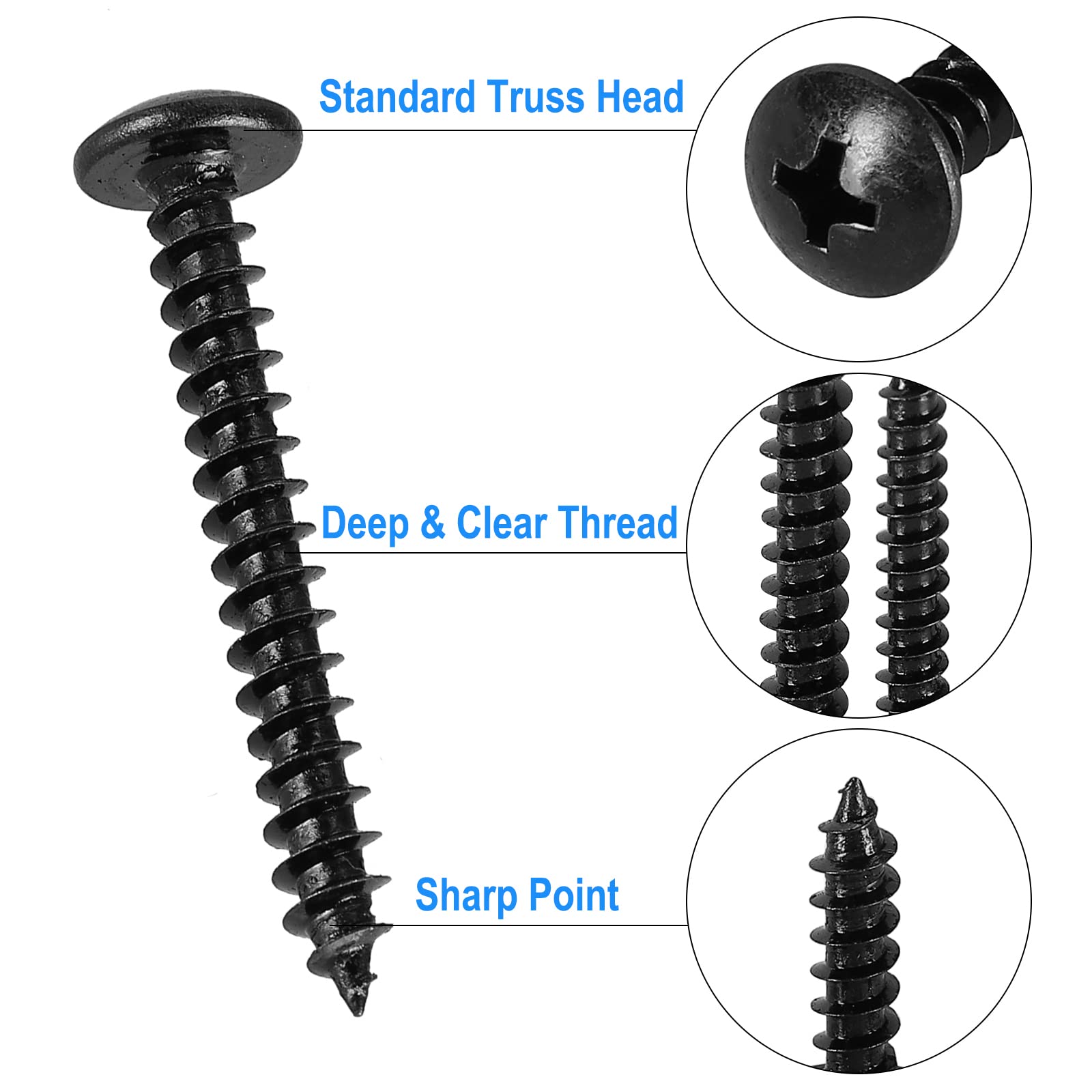 HanTof 125 Pcs Small M3 x 20mm Black Phillips Truss Head Wood Screws,Cross Mushroom Head Self Tapping Furniture Cabinet Screws,Sheet Metal Screw,Hardened Carbon Steel with Black Oxide Coated,Type A