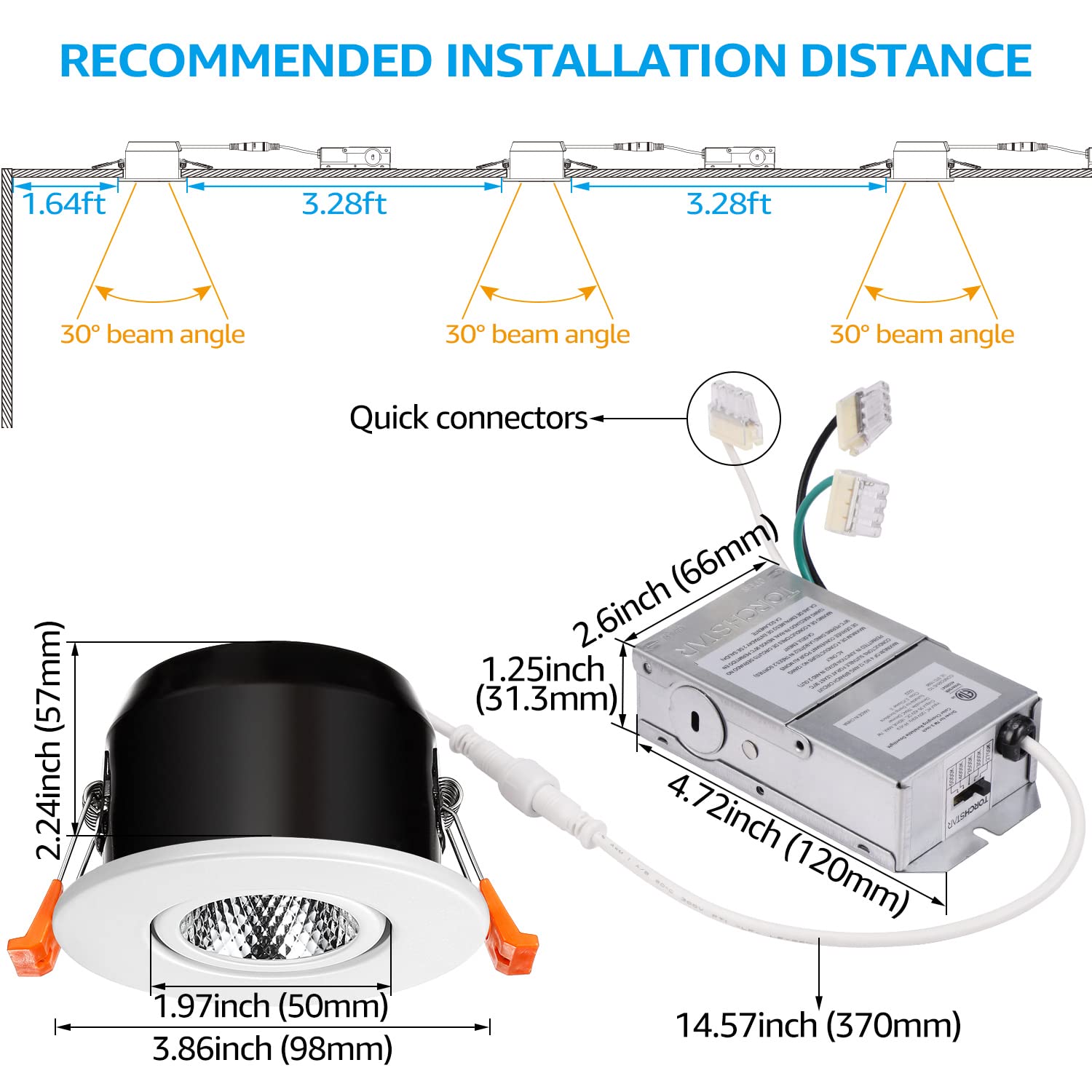 TORCHSTAR 12-Pack 5CCT 3 Inch Gimbal LED Recessed Light, 7W CRI90+ Dimmable Adjustable Eyeball Canless LED Downlight, 2700K/3000K/3500K/4000K/5000K Selectable, Airtight IC, ETL