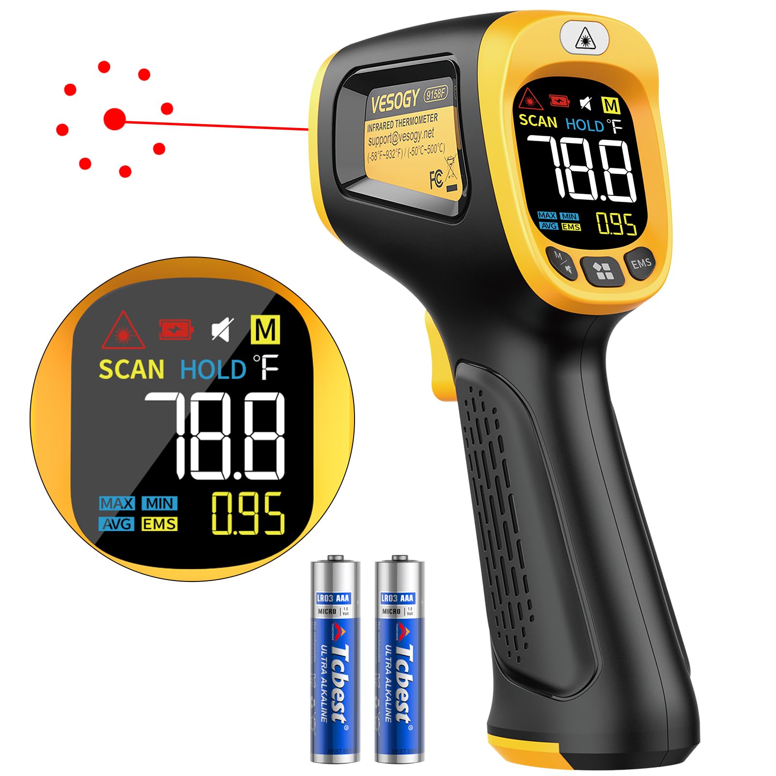 Infrared Thermometer Temperature Gun -58°F ~932°F, Digital Laser Thermometer Gun for Cooking, Pizza Oven, Grill & Engine, IR Thermometer Temp Gun with Adjustable Emissivity & Max-Min Measure