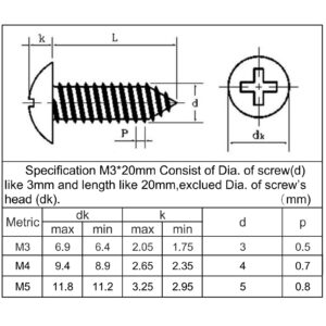 HanTof 125 Pcs Small M3 x 20mm Black Phillips Truss Head Wood Screws,Cross Mushroom Head Self Tapping Furniture Cabinet Screws,Sheet Metal Screw,Hardened Carbon Steel with Black Oxide Coated,Type A