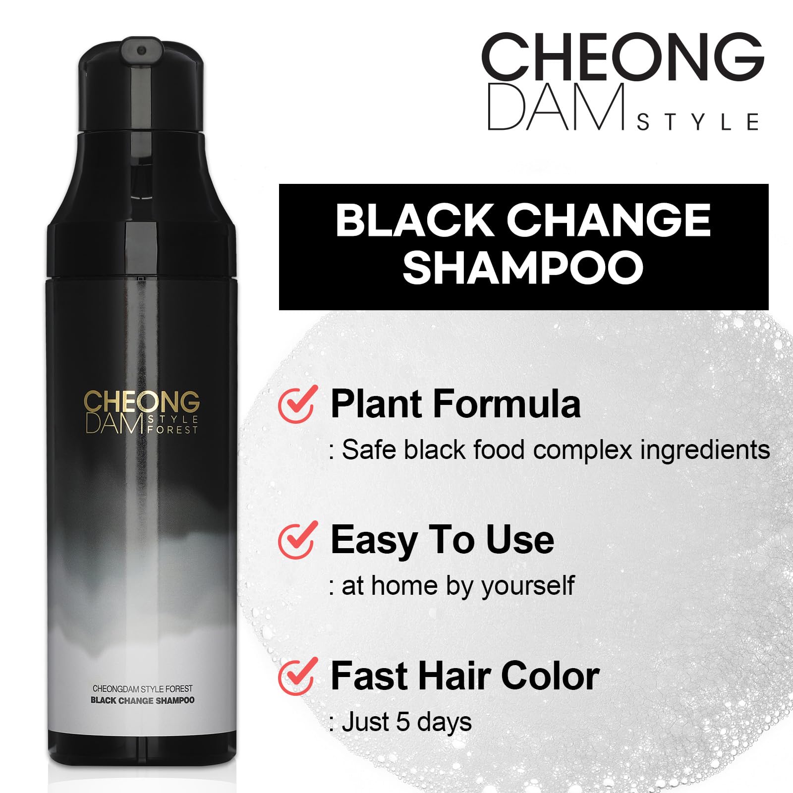 CHEONG DAM STYLE Forest Black Change and Coverage Volume Shampoo, Semi Permanent Hair Color, Korean and Darkening Grey Hair Dye, Peptide, Ceramide, Hyaluronic Acid, Paraben Free, 6.7oz (Dark Brown)