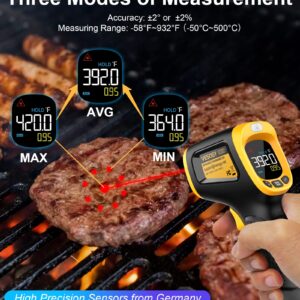 Infrared Thermometer Temperature Gun -58°F ~932°F, Digital Laser Thermometer Gun for Cooking, Pizza Oven, Grill & Engine, IR Thermometer Temp Gun with Adjustable Emissivity & Max-Min Measure