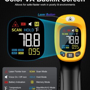 Infrared Thermometer Temperature Gun -58°F ~932°F, Digital Laser Thermometer Gun for Cooking, Pizza Oven, Grill & Engine, IR Thermometer Temp Gun with Adjustable Emissivity & Max-Min Measure