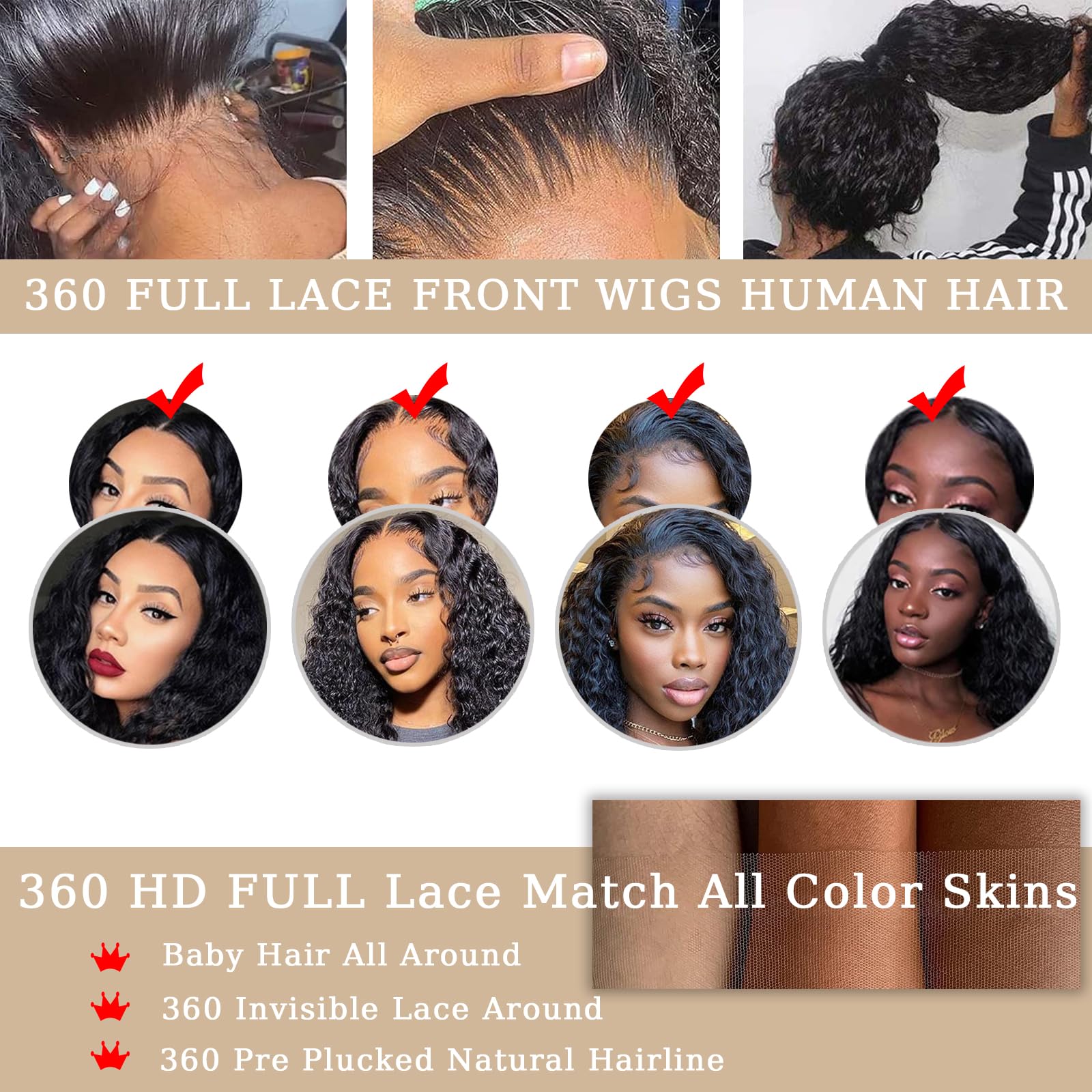 360 Lace Front Wigs Human Hair Deep Wave 360 HD Full Lace Wigs Human Hair Pre Plucked 360 Deep Wave Ponytail Wig Wet and Wavy Human Hair Wig 360 Frontal Wig with Baby Hair Natural Color 20 inch