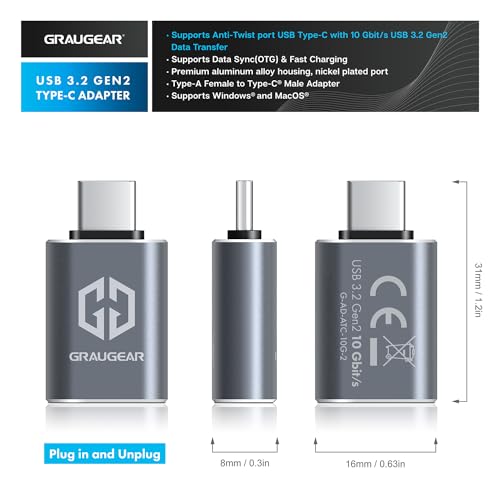 GRAUGEAR USB C to USB Adapter Pack of 2, 10Gbps Data Transfer, USB C Male to USB A Female Adapter 10Gbps, Compatible with PC, Laptop, MacBook, iPhone, iPad, Apple Watch, USB Charger, Type C Devices